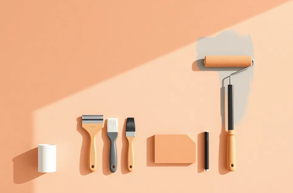 Outils de peinture disposés dans l'ordre des étapes du chantier