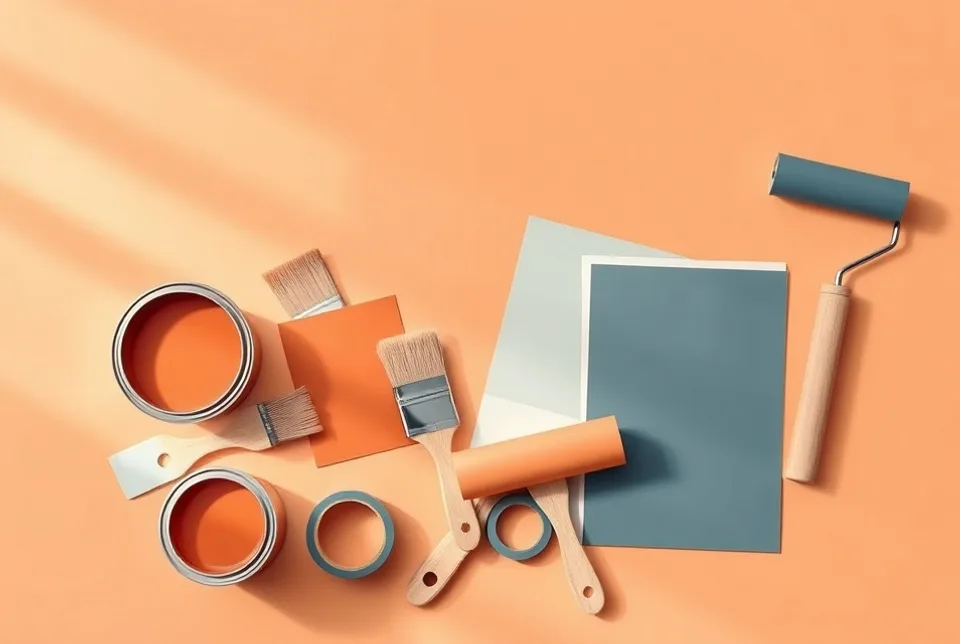 Pots de peinture, nuancier, brosses et rouleaux disposés à plat