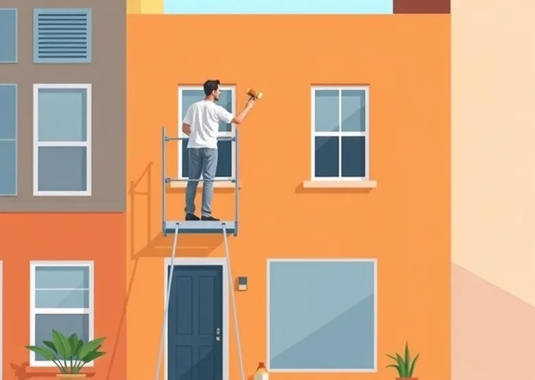 Peintre sur échafaudage traitant la façade d'une maison